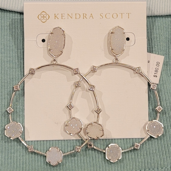 NWT KENDRA SCOTT SPARKLY IRIDESCENT DRUSY STUD HOOP EARRINGS IN SILVER - Picture 2 of 3